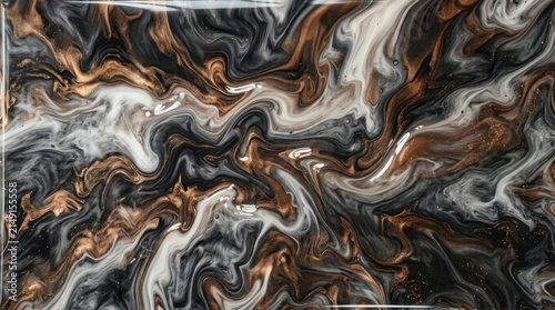 Abstract Swirling Marbling Effect with Earthy Tones and Metallic Sheen.