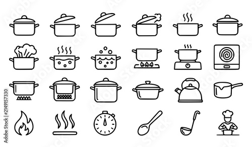 Professional Cooking Pot and Saucepan Thin Line Icon Collection with Boiling Water and Steam Symbols