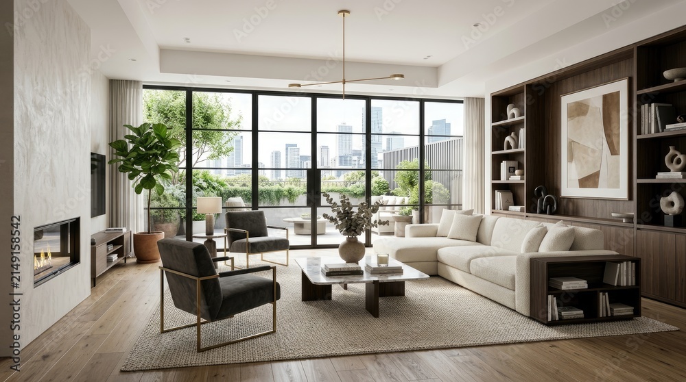 Fototapeta premium A stylish living room showcases a modern interior design with a large floor-to-ceiling window offering a panoramic view of a city skyline.