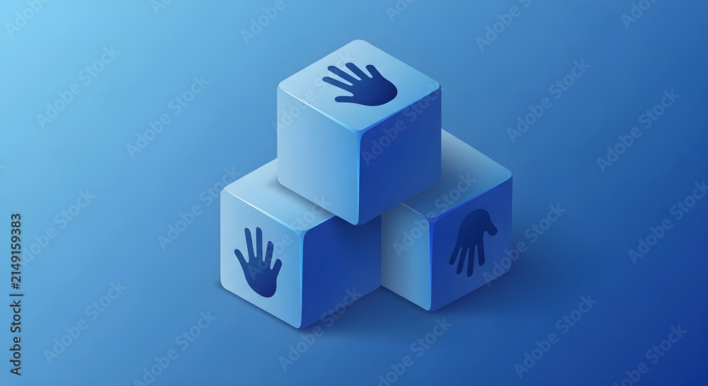Naklejka premium Three Dimensional Blue Blocks With Hand Imprint Icons Representing Teamwork and Collaborative Efforts in Digital Creative Projects