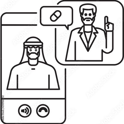 Line Icon-A male doctor provides advice on medication to an Arab patient via smart phone