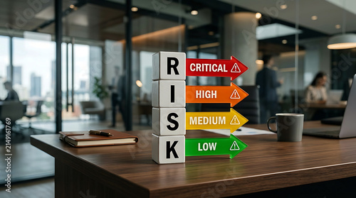 Business Risk Assessment Concept Using Colorful Wooden Blocks on Office Desk