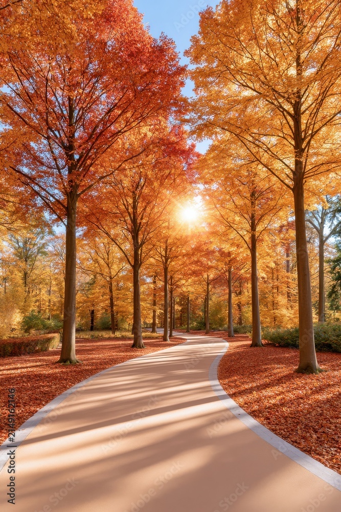 Obraz premium Autumn forest path lined with red and gold foliage under bright sun