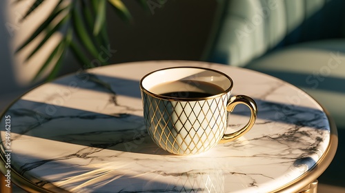 Elegant Coffee Cup on a Marble Table with Soft Morning Sunlight.