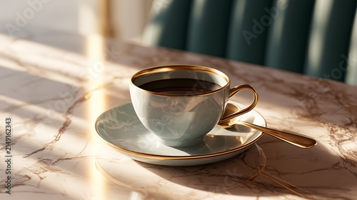 Elegant cup of black coffee on a marble table with morning sunlight.