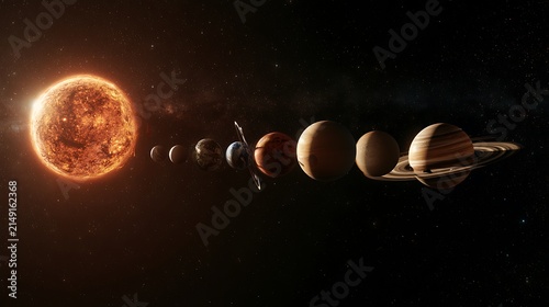 A panoramic view of the solar system with the sun and planets aligned.