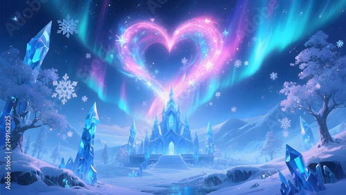 Heart Shaped Aurora Above Frozen Fantasy Kingdom with Magical Romance