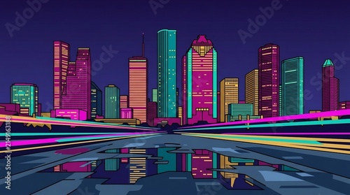Colorful neon city skyline with street reflections at night