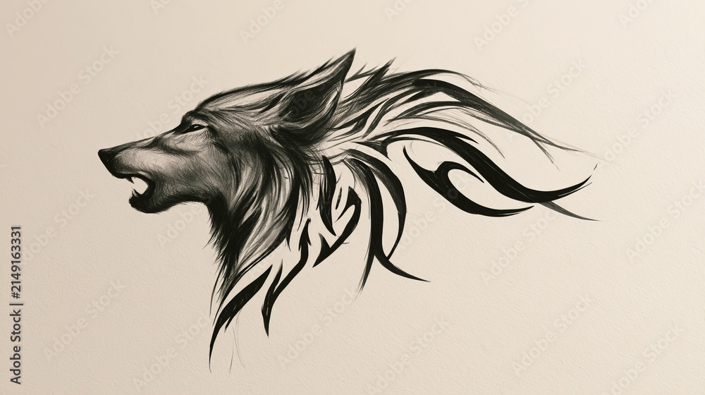 Fototapeta premium Wolf drawing howls. Gentle tribal sketch.