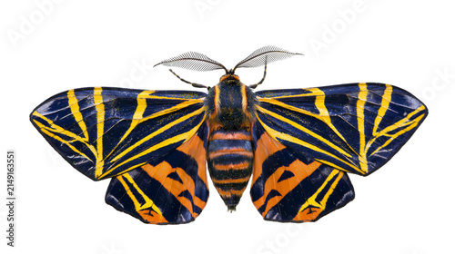 Obraz na plátne Orange and blue striped moth with feathery antennae