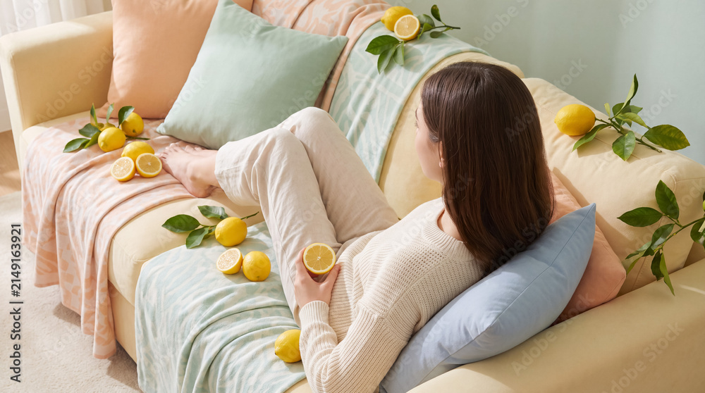 Obraz premium Woman relaxing on sofa with fresh lemons, enjoying quiet home living and comfortable, peaceful lifestyle