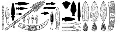Hand-Drawn Prehistoric Stone Tools, Spears and Arrowheads Tribal Weapons Illustration 