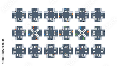 Set of top view street intersection icons featuring various road markings and crosswalks for urban city planning