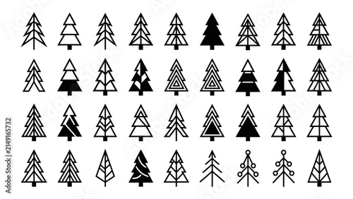 Set of various black and white pine tree icons and symbols for christmas holiday design elements and winter forest nature