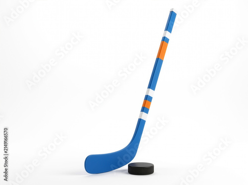 Photography Blue ice hockey stick with orange and white accents and a black puck, isolated on a clean white background with soft shadows and realistic 3D sports detail