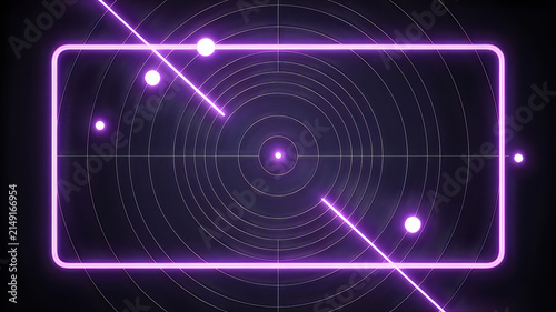 Abstract neon purple geometric design with glowing concentric circles, symmetry and luminous intersecting lines
