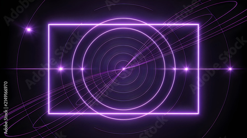 Abstract neon purple geometric design with glowing concentric circles, symmetry and luminous intersecting lines
