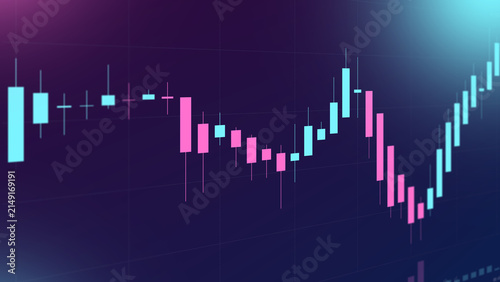 Fotografie Financial stock market candlestick chart with blue and pink candles on a dark ba