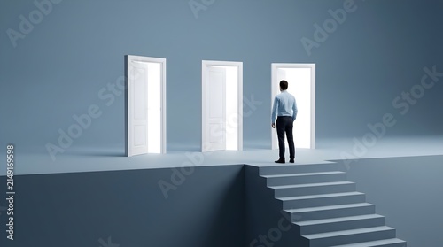 Businessman standing before three open doors on top of a staircase, person choosing a path to success or future opportunity in a minimalist environment