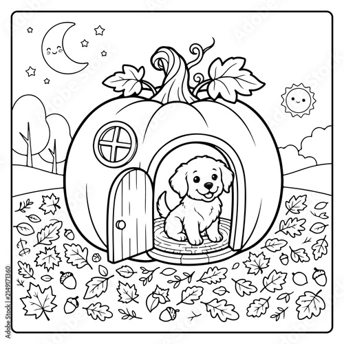 Cozy Fall Puppy Coloring Pages  