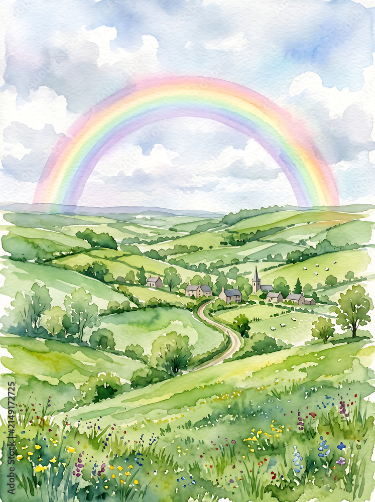 Obraz premium Watercolor painting of a peaceful rural landscape with a bright rainbow over rolling green hills and a small village.
