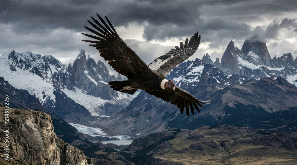Naklejka premium Majestic condor soaring gracefully through the vast open sky with impressive wingspan.