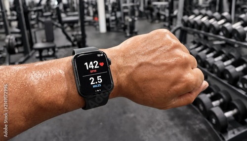 Close up of sweating arm wearing a smartwatch displaying heart rate monitor during fitness