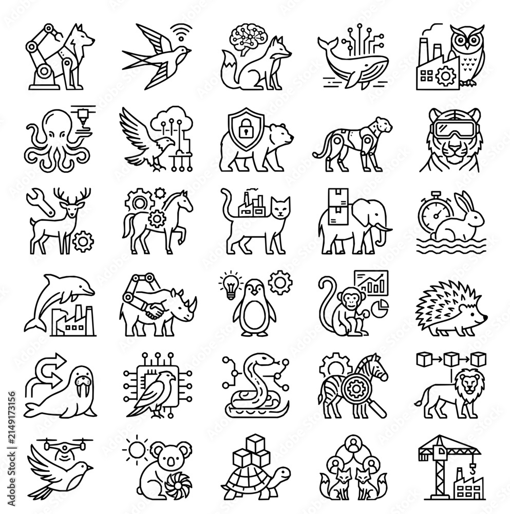 Fototapeta premium Cybernetic Animal Mechatronics Engineering Icon Set Line Art Vector
