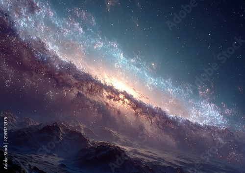 Celestial Symphony - A breathtaking view of a vibrant nebula over a rugged landscape.