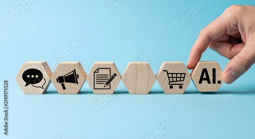 Hand Placing Wooden Hexagon Blocks with Icons Representing Artificial Intelligence Business Strategy and Marketing Development Concepts