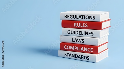 Stack of books showing regulations rules guidelines laws compliance and standards printed on the spines standing isolated against a light blue background