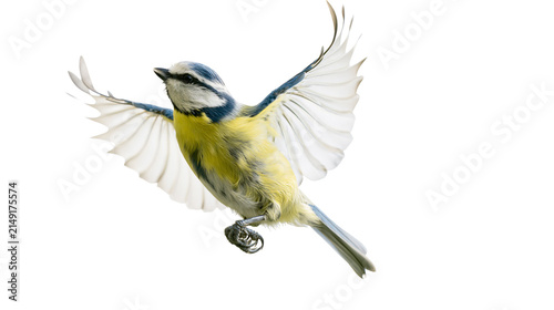 Blue tit bird with wings spread flying