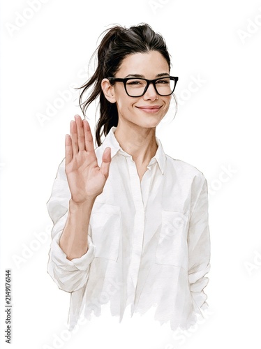 Young woman wearing glasses and a white shirt smiling and showing her hand in a stop gesture with a white background
