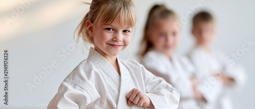 A young blonde girl wearing a white karate uniform smiling confidently with two kids practicing martial arts blurred in the background