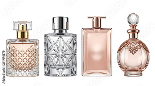 Collection of four luxury glass perfume bottles with diverse shapes and textures isolated on black background