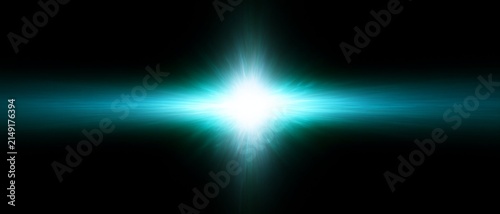 Bright blue white light burst with horizontal lens flare effect on black background in digital abstract style