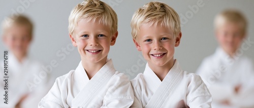 Two smiling blonde twin boys wearing white karate uniforms standing with arms crossed and blurred twins in the background