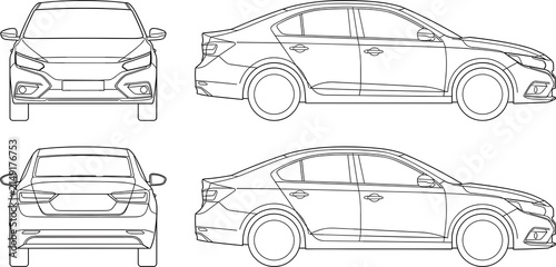 фотографія Modern sedan car blueprint vector line art technical drawing set