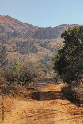 Bild auf Leinwand Red dirt road winding through dry hills and bushland, Southern Africa, rural saf