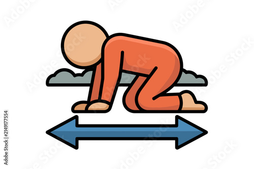 Man crawling on floor during fire evacuation to stay under smoke layer with bidirectional arrow indicating movement in flat safety design graphic.