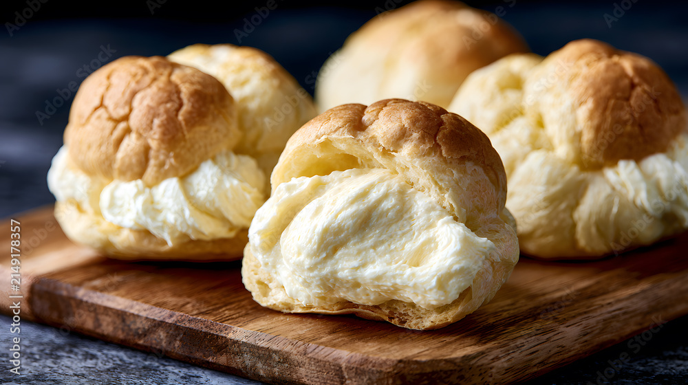 Fototapeta premium Cream puffs on wooden serving board