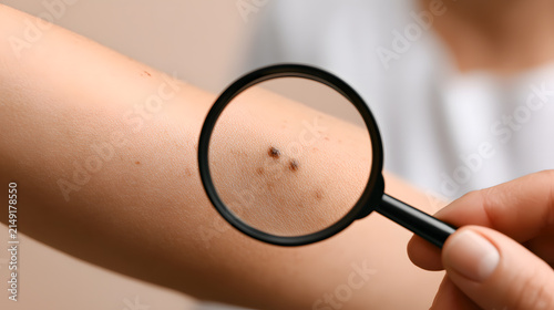 Mole examination with magnifying glass on arm