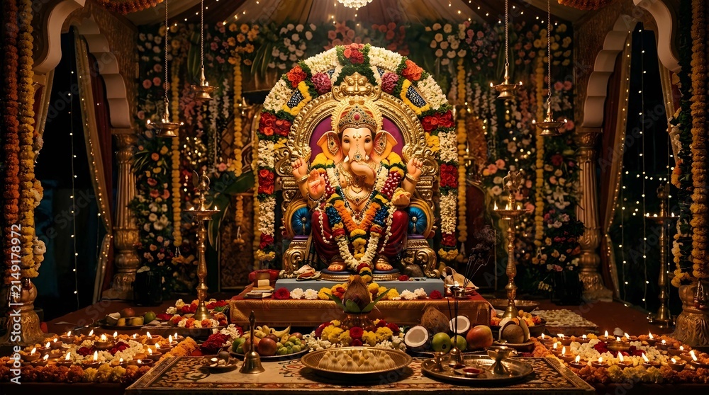 Fototapeta premium Grand ganesh chaturthi altar with thousands of lights