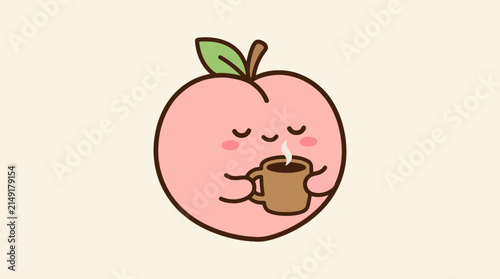Adorable peach character drinking a hot cup of coffee.