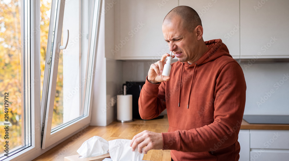 Fototapeta premium Man feeling discomfort using nasal spray for seasonal allergies, cold, or flu symptoms at home