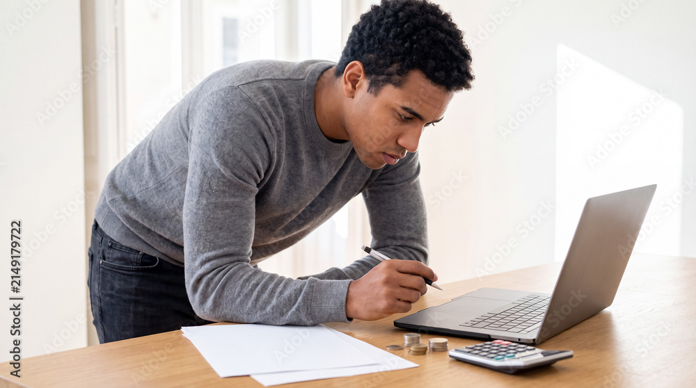 Fototapeta premium Young man managing personal finances at home, calculating budget and analyzing data on laptop