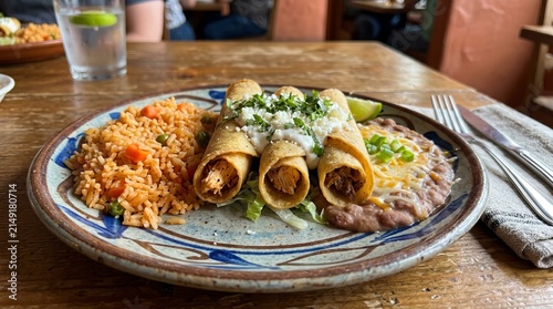 Delicious taquitos with rice and beans served on a rustic plate for a satisfying meal.