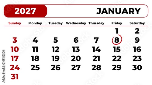 Marking 2027 January 8 on the calendar with a red circle	
