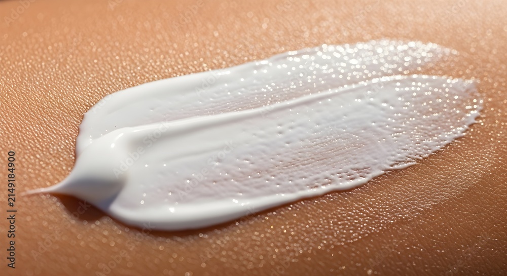 Fototapeta premium Macro shot of white cosmetic lotion smear on tan skin with visible skin texture