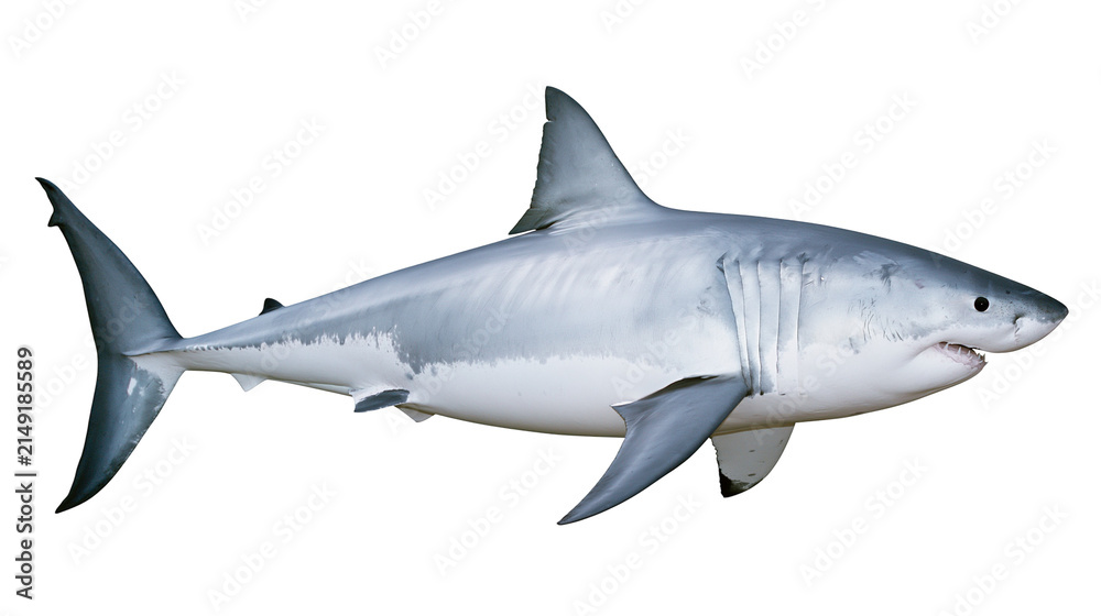 Fototapeta premium Great white shark profile view with sharp teeth and gills